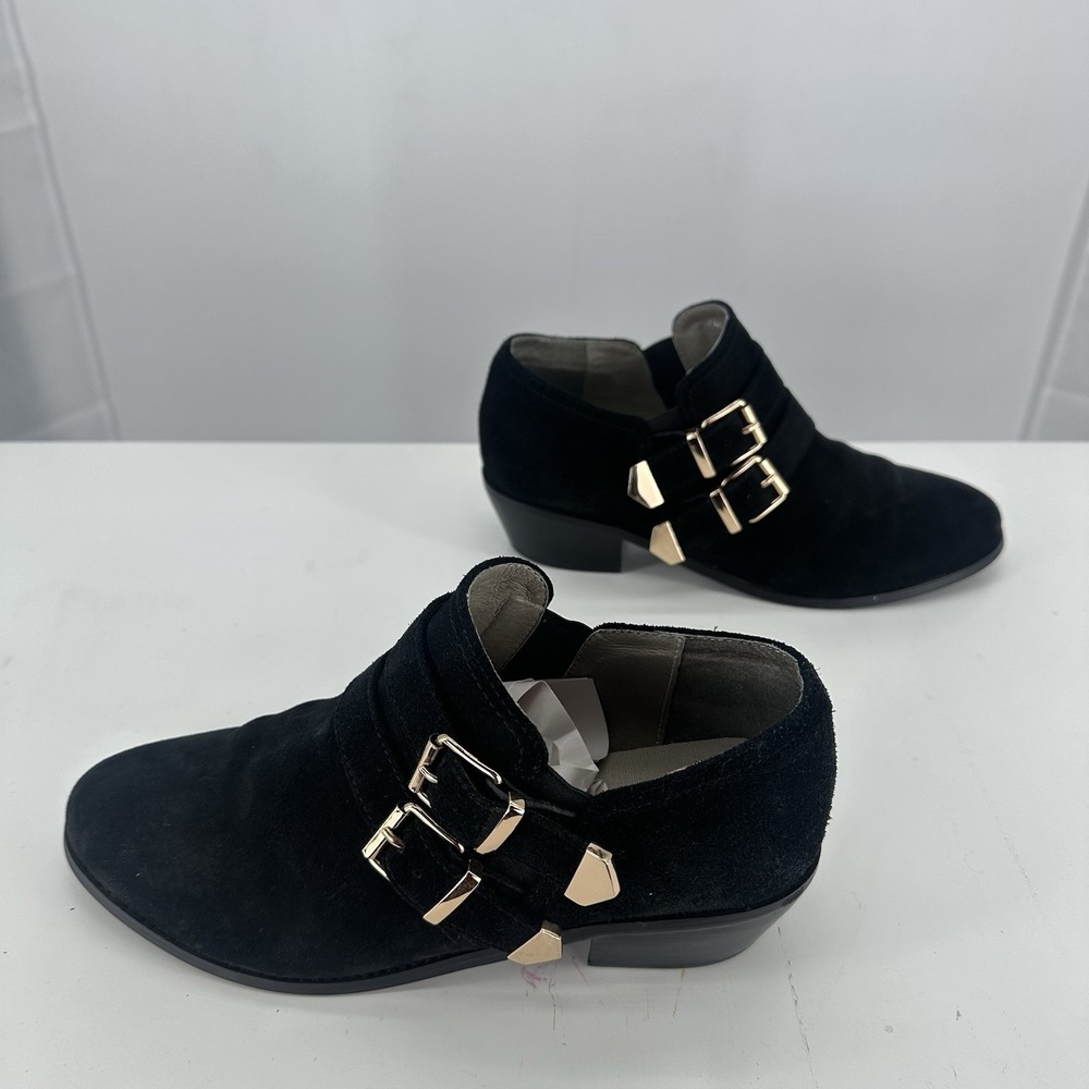 ORiental Traffic Nical Women's Black Suede Buckle Ankle Booties Size L Low‎ Heel